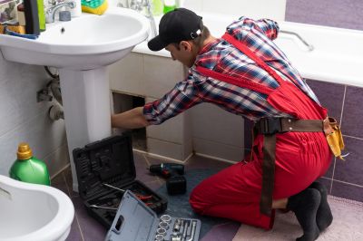 Professional plumber working on a sink